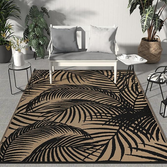 GENIMO Outdoor Rug 5' x 8' Waterproof for Patio Clearance, Reversible Plastic Straw Camping Carpet, Lightweight Mats for Rv, Backyard, Deck, Porch, Picnic, Beach, Balcony, Black & Brown