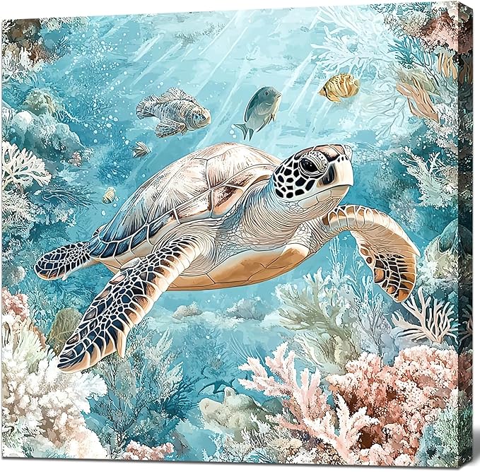 Sea Turtle Bathroom Wall Decor Ocean Theme Framed Canvas Wall Art Coastal Nautical Prints Picture Watercolor Coral Marine Life Painting for Kid Bedroom Living Room Home Decoration 14x14”