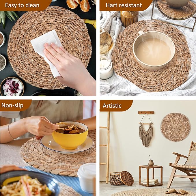 Defined Deco Woven Placemats Set of 10,13.5" Round Rattan Placemats,Farmhouse Weave Rustic Braided Wicker Table Mats for Dining Table Home Wedding