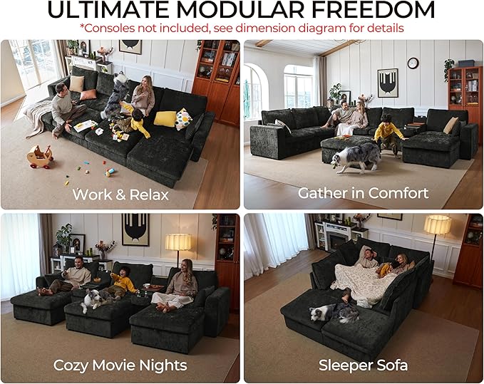 Oversized Modular Sofa Comfy Cloud Couch with Storage, Extra Deep Plush Sectional Sofa Set for Living Room, Covers Washable, Chenille, Olar (Black, 6-seatser with Corner & Ottoman, v-Shaped)