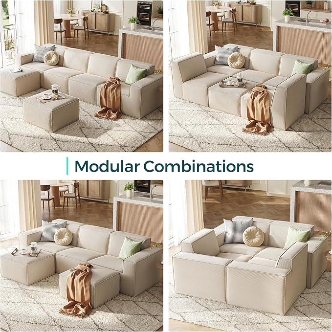 LINSY HOME Oversized Modular Sectional Sofa, 105" Cloud Couch L Shaped 3-Seat Sofa with 2 Movable Ottomans, Corduroy Sectional Couches for Living Room, No Assembly Required, Beige