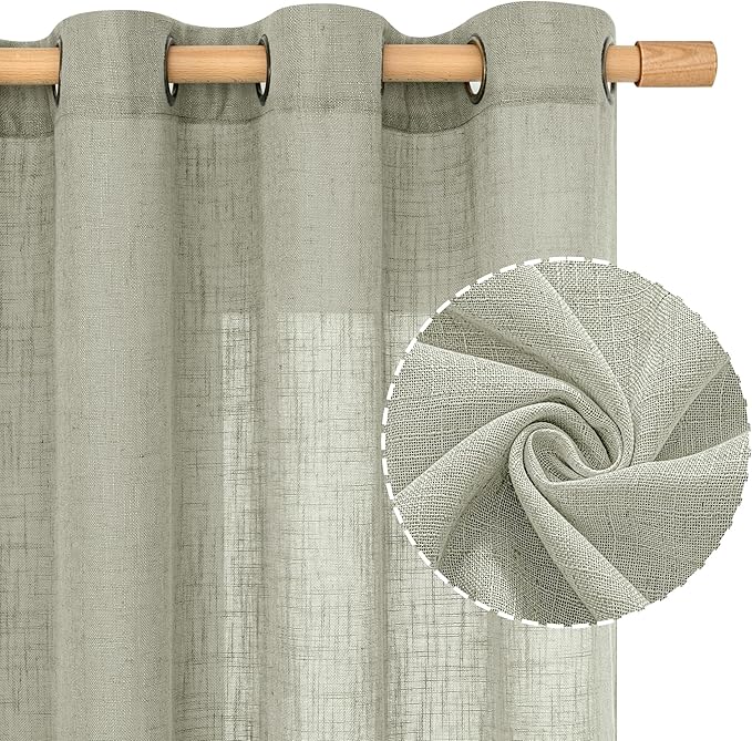 LAMIT Sage Grey Linen Curtains 72 Inch for Living Room 2 Panels, Linen Textured Light Filtering Semi Sheer Bronze Grommet Privacy Panels for Bedroom/Farmhouse, 52 x 72 Inch
