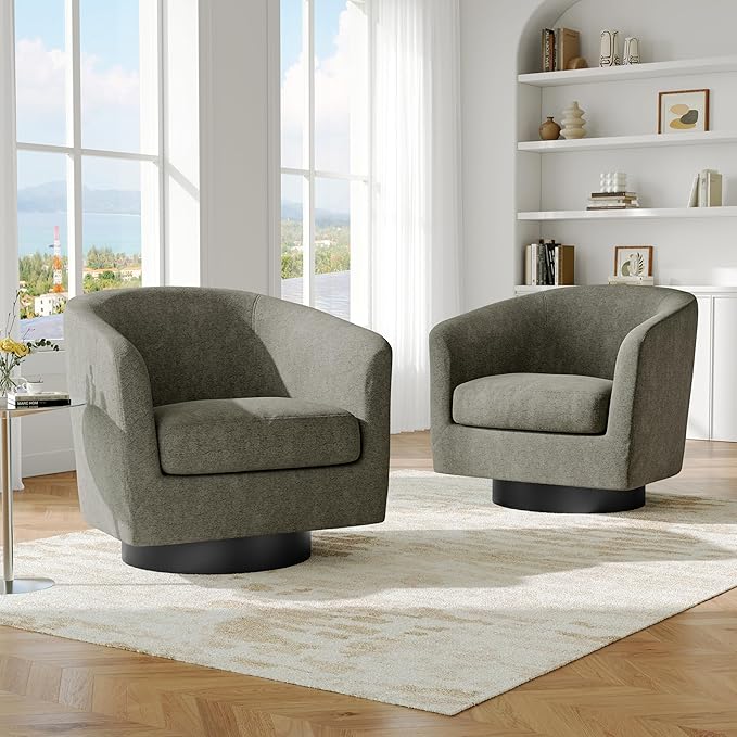 Swivel Barrel Accent Chair, Modern Round Chenille Fabric Arm Chair for Living Room, Bedroom, Comfy Club Reading Chairs for Adults（Chenille Fabric, Tan, Set of 1