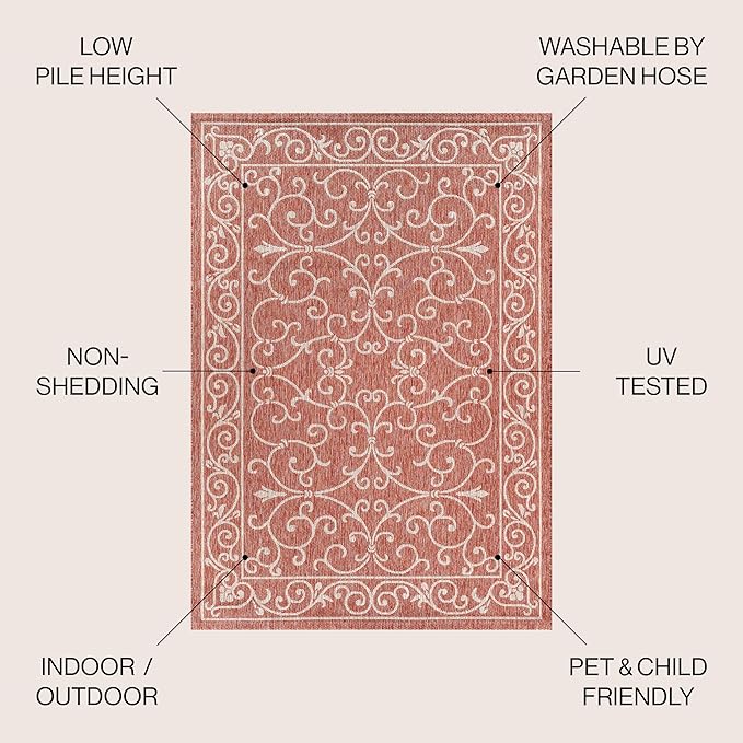 JONATHAN Y Vintage Filigree Indoor Outdoor Area Rug 4X6 Red/Beige, Charleston Textured Weave for Backyard, Patio, Porch, Easy-Cleaning, High Traffic, Pet-Friendly, Non-Shedding (SMB106B-4)