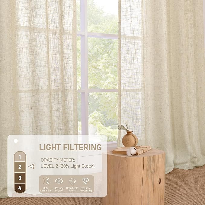 LAMIT Short Linen Curtains 36 Inch Length for Half Window, Semi Sheer Light Filtering Panels Bronze Grommet Drapes for Basement/Cafe, 2 Panels, Linen, 34 x 36 Inch
