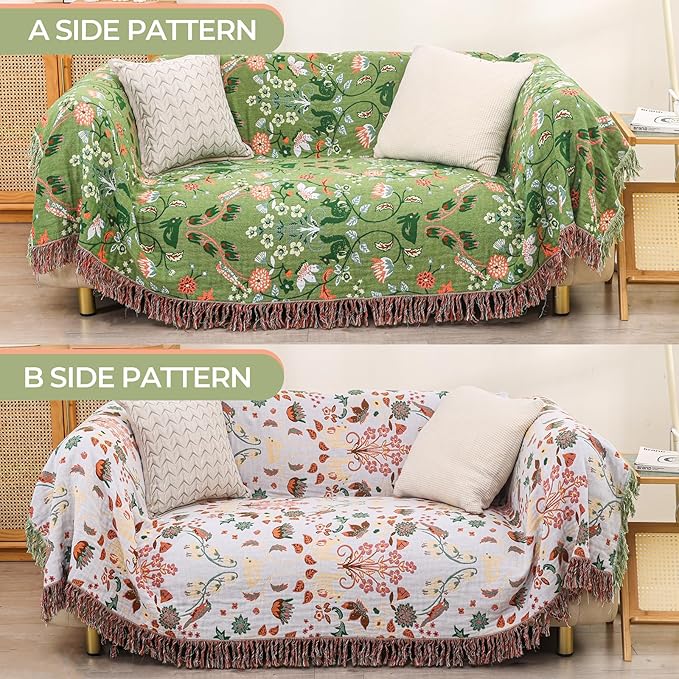 Boho Throw Blanket for Bed, 100% Cotton Ultra Soft Rustic Quilt King Blanket Florals and Animals Printed Farmhouse Decor Large Bed Blankets,90"×98" All Season Rustic Throw for Sofa Couch Chair