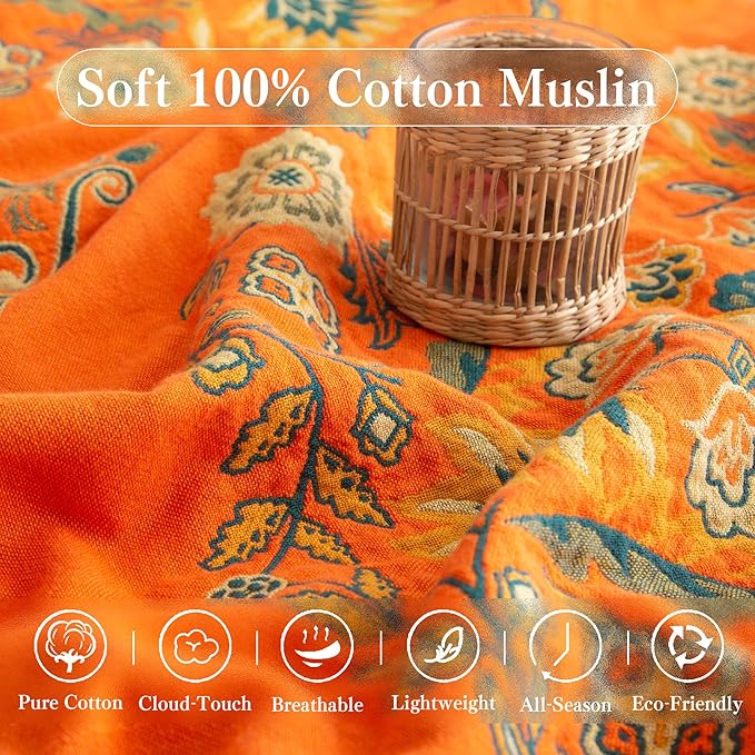 Boho Throw Blanket Twin Size, Soft Cozy Cotton Muslin Quilt Blanket for Bed Decor, Floral Patterned Couch Sofa Chair Cover, Vintage Farmhouse Cottage Tapestry Woven Blanket, Orange&Green