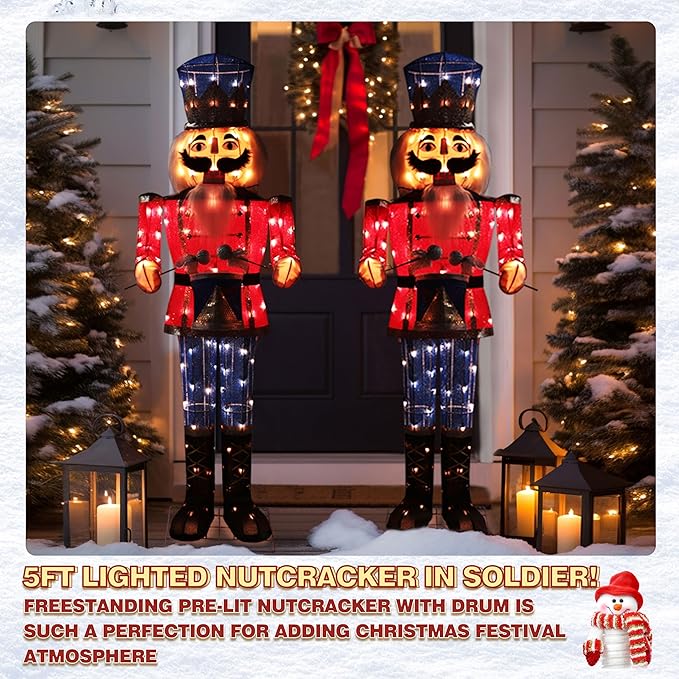5FT Lighted Nutcracker with Drum for Christmas Decoration, Pre-Lit 3D Iridescent Soldier Xmas Decor with 100 Warm White Lights, Glittered Standing Holiday Display for Outdoor, Indoor