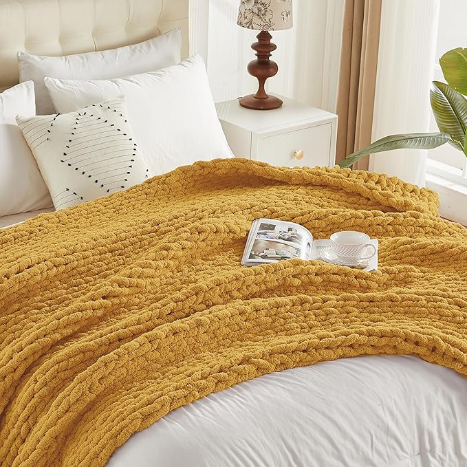 Carriediosa Chunky Knit Throw Blanket 50" X 60", 100% Hand Made Large Chenille Loop Yarn Soft Fluffy Throws for Couch Sofa Bed, Big Crochet Cozy Heavy Thick Cable Woven Blanket, Yellow