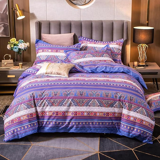 ABREEZE Bohemian Vintage Full Size Floral Cotton Bedding Set 3Pcs Duvet Cover Set Boho Purple Paisley 100% Egyptian Brushed Cotton Reversible Home Bedding Collection