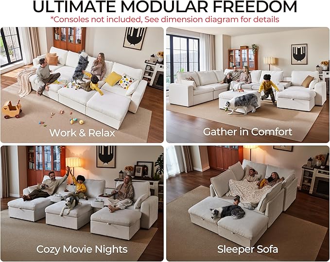 Oversized Modular Sofa Comfy Cloud Couch with Storage, Extra Deep Plush Sectional Sofa Set for Living Room, Covers Washable, Chenille, Olar (White, 6-Seater with 2 Corners, u-Shaped)