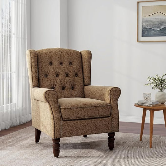 Accent Chair, Upholstered Armchair with Button Tufted High Back & Solid Wood Legs, Comfy Wingback Reading Single Sofa Chair for Small Spaces, Living Room, Bedroom (Brown, Set of 1)
