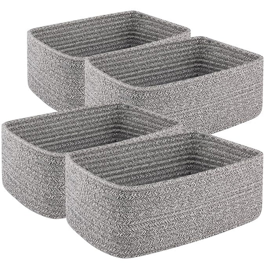 4 Pack Small Storage Shelf Baskets for Organizing, Mini Woven Rope Storage Bins for Towels, Cute Decorative Closet Organizer，Baby Nursery, Gift Empty Baskets -11.81''Lx7.87''Wx4.72''H-Grey