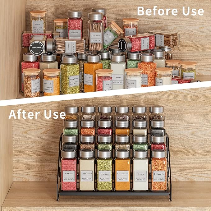 RCHYFEED Spice Rack Organizer for Cabinet Pantry,4 Tier Spice Rack Countertop, Depth Adjustable Spice Organization for Cabinet,Tierd Seasoning Organizer for Cabinet(Black, 1Pack)