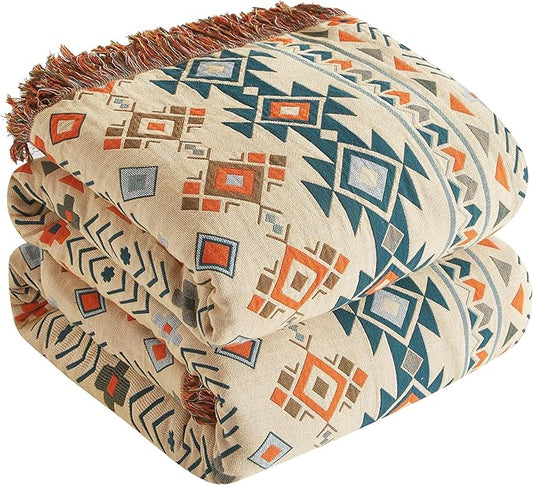Boho Throw Blanket for Bed 90”x98”, 100% Cotton Woven Blanket for Couch Sofa, Ultra Soft 4-Layer Muslin Quilt with Diamond Pattern, Farmhouse Bed Blanket/Cover for Living Room Decor