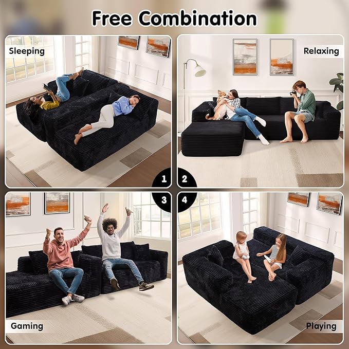 ovios 104" Cloud Sectional Couch with L-Shape Chaise,Modern Modular Sofa with Deep Seat, Upholstered Couches for Living Room Bedroom,No Assembly Required, Black (Plush Corduroy Fabric)