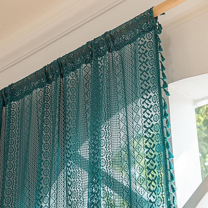 Sutuo Home Boho Curtains 96 inches Long for Bedroom Living Room Nursery Room, Crochet Lace Sheer Bohemian Hollow with Tassels,Window Treatment Drapes, Rod Pocket 1 Panel 59" W x 96" L, Turquoise