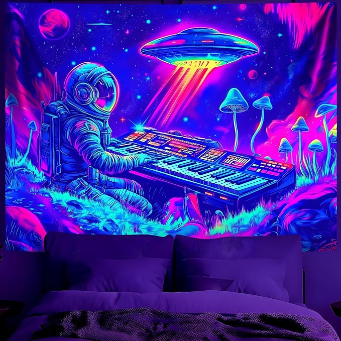 BVBOX Astronaut Space Blacklight Tapestry 79"x59", UV Reactive Astronaut Electronic Piano UFO Galaxy Planet Glow in Dark Music Tapestries, Black Light Neon Upright Poster Wall Hanging Backdrop Decor for Bedroom Living Room