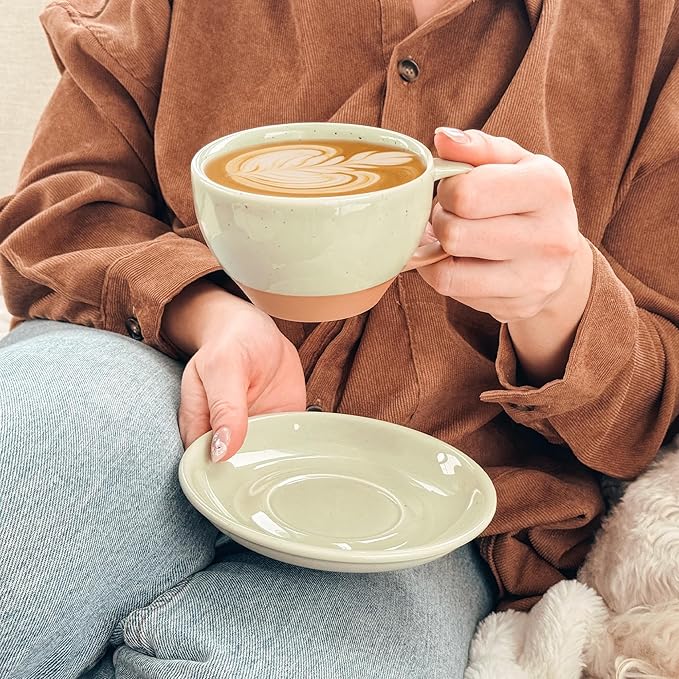 Mora Ceramic Latte Art Mug With Saucer - 10.5 oz, Round Bottom For Perfect Pours - Cafe Cups for Cappuccino, Espresso, Coffee, Tea etc - Porcelain Set for Baristas, Great Gift - Light Matcha