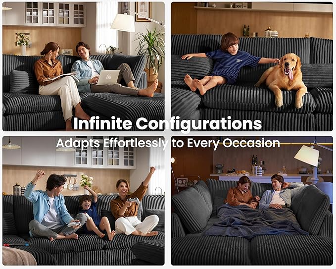Oversized Modular Sofa, Extra Deep Cloud Corduroy Sectional Couch with Ottoman Chaise, Fluffy Corduroy 5 Seater Sofa Bed for Living Room, Villa (U Shape 5 Seater, Corduroy Black)