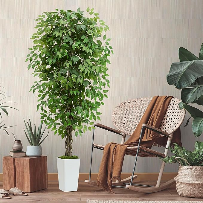 Artificial Ficus Tree 6FT Faux Plants Indoor Tall Fake Plants with White Planter, Green Lifelike Lush Fake Ficus Tree for Home Living Room Bedroom Outdoor Balcony House Office Decor