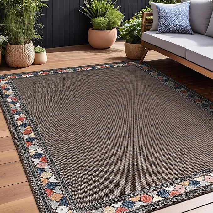 Beverly Rug Outdoor Rug 4x6 Modern Bordered Area Rugs for Indoor and Outdoor Patio Easy to Clean Non Shedding Living Room Porch Garden Washable Outside Carpet (4 x 6 Brown)