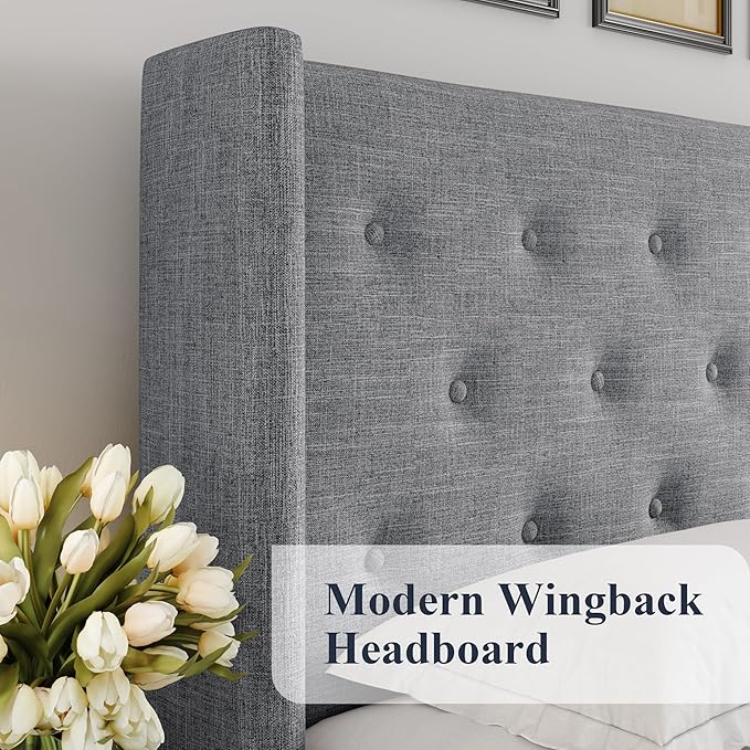 Allewie Full Size Lift Up Storage Bed, Button Tufted Headboard with Wingback, Hydraulic Support, No Box Spring Needed, Light Grey