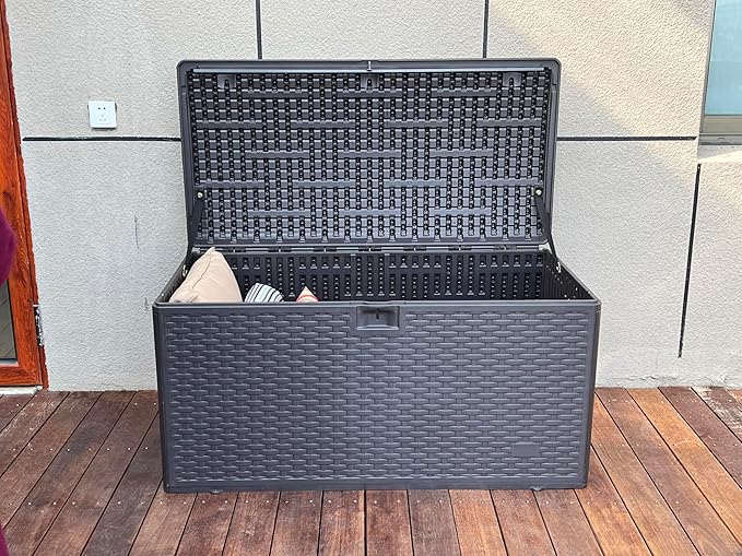 73 Gallon Large Storage Box with Lid,Waterproof Outdoor Storage Container for Patio Furniture Cushions, Gardening Tools, Pool Accessories, Lockable Resin Deck Box with handle Brown