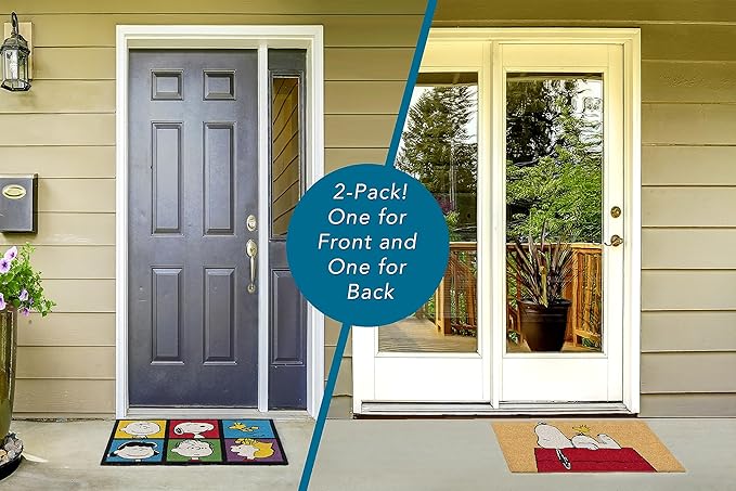 Gertmenian Peanuts Snoopy Coir Doormat - 2x3 Welcome Mat (2-Pack), Ideal for High Traffic Areas in Front Door, Garage, Entryway - House/Peanut Patch, 80003