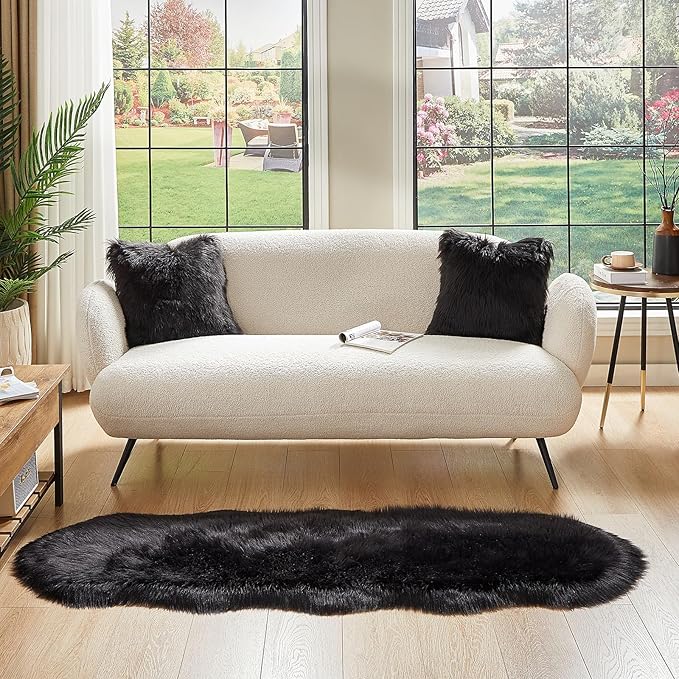 AMTOVO Faux Sheepskin Rug, Black Ultra Soft Fluffy Shag Area Rug, 2 x 6 ft Faux Fur Rug for Bedroom Sofa Throw Cushion Room Decor, Sheepskin