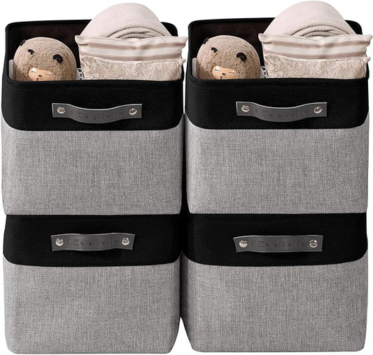 DECOMOMO Storage Baskets for Shelves - Fabric Closet Organizers and Storage Bins, Perfect Baskets for Organizing Closet Toys Nursery (Grey and Black, Large - 4 Pack)