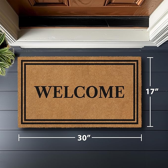 Barnyard Designs Natural Coco Coir Heavy Duty Backing Doormat - Large Cute Non-Slip Front Door Welcome Mat for Outside Entrance or Porch Entry, Brown (17x30, Welcome)