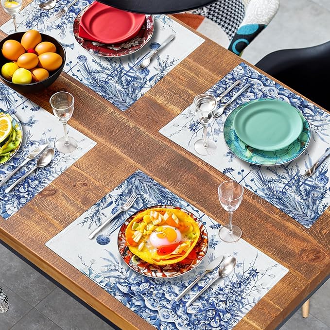 Blue and White Christmas Tree Placemats Set of 4, 12x18 Inch Chinoiserie Xmas Place Mats Winter Holiday Washable Linen Table Mats for Party Kitchen Dining Outdoor Indoor Decor