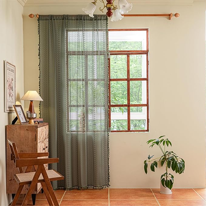 Sutuo Home Olive Green Boho Curtains 84 inches Long for Bedroom Living Room, Crochet Lace Sheer Bohemian Hollow Geometry Knitted Handmade Tassels, Privacy Vintage Farmhouse, 1 Panel 59" W x 84" L