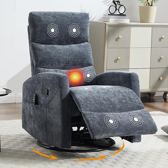Manual Swivel Rocker Recliner Chair for Adults, Overstuffed Reclining Glider Chair for Nursing with Vibration Massage & Heat, Living Room Rocking Recliner 3-Stage backrest, Chenille Fabric Blue