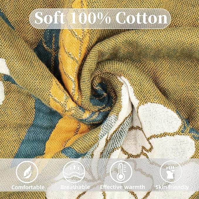 Boho Throw Blanket for Bed - 100% Pure Cotton Ultra Soft Rustic Quilt - Farmhouse Decor Bed Blankets, All Season Rustic Throw for Sofa Couch Chair(80''x 90'', Flower Branch)