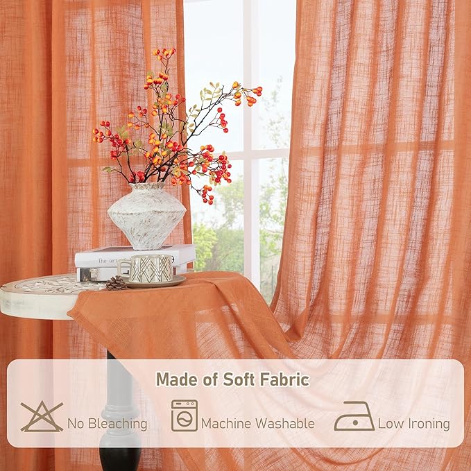 LAMIT Linen Curtians for Living Room 72 Inch Length, Bronze Grommet Light Filtering Semi Sheer Neutral Lightweight Rustic Farmhouse Boho Drapes for Bedroom, 2 Panels, Burnt Orange, 52 x 72 Inch