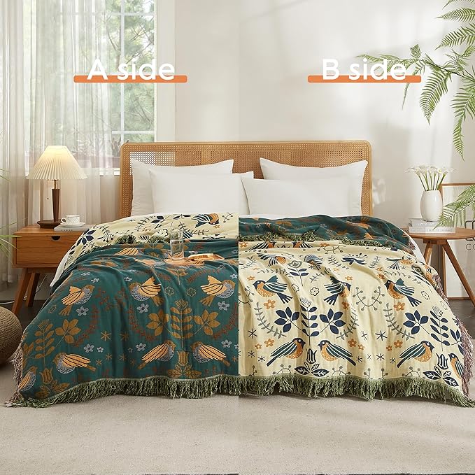 Boho Throw Blanket for Bed 60”x80”, 100% Cotton Woven Blanket for Couch Sofa, Ultra Soft 4-Layer Muslin Quilt with Bird Floral Printed, Farmhouse Bed Blanket/Cover for Living Room Decor