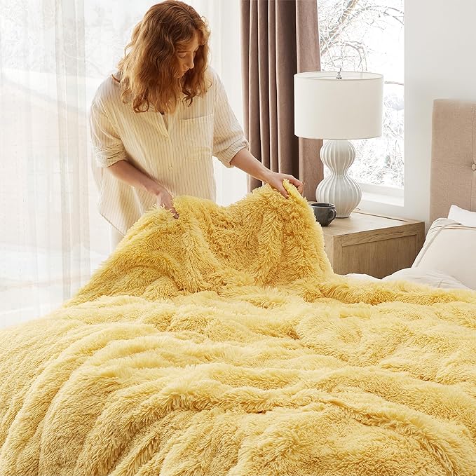 Bedsure GentleSoft Fuzzy Sherpa Faux Fur Twin Blanket Yellow Cozy Gifts for Women Men, Soft Fleece Plush Warm Thick Blanket Twin Size for Bed, Couch, Room Dorm Essentials Yellow Decor Gifts, 60x80