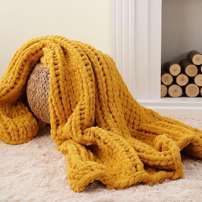 Battilo Chunky Knit Throw Blanket, Soft and Thick Chenille Throw Blanket, 50"x60" Handmade Cable Knit Crochet Blanket, Large Rope Knot Throw Blankets for Couch Sofa Bed Home Decor, Mustard