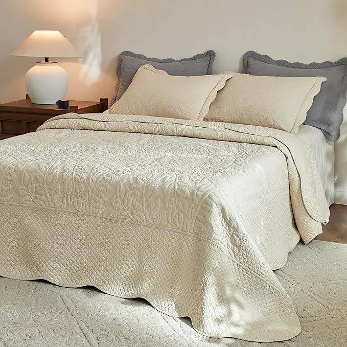 MarCielo 3-Piece 100% Cotton Oversized Bedspread Lightweight Quilt Coverlet Embroidery Farmhouse Bedding Set T0 (Yellowish Beige, Oversized Queen (100"x106"))