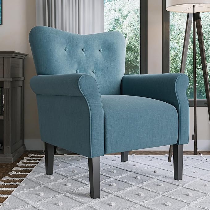 BELLEZE Modern Accent Chair, High Back Armchair, Upholstered Wingback Side Chair, Padded Single Sofa with Wooden Legs for Living Room, Bedroom - Baby Blue