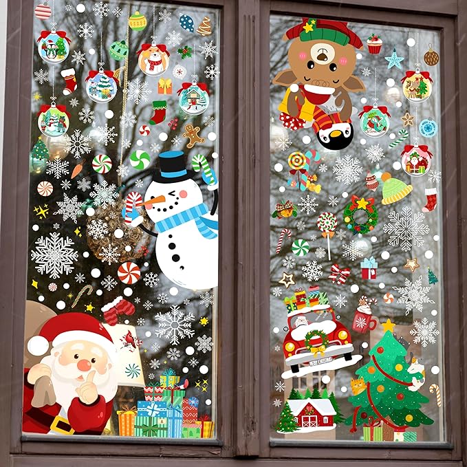 Christmas Window Clings - Christmas Large Window Stickers for Glass Window, Reusable Static Vinyl Double-Sided Winter Decals, Cute Snowflake Snowman Holiday Xmas Decorations, 197 PCS/9 Sheet