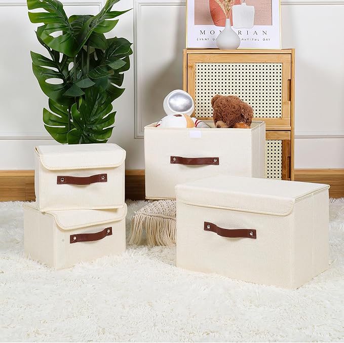 ANMINY 2PCS Storage Bins with Lid PU Leather Handles Storage Boxes PP Plastic Board Decorative Foldable Lidded Cotton Linen Fabric Home Cubes Baskets Closet Organizer Containers - Beige, Large Size
