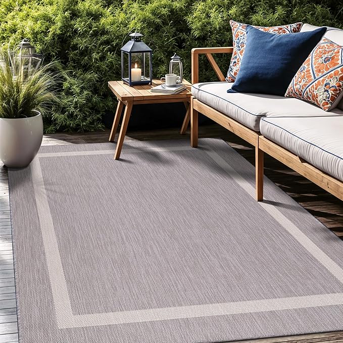 Bordered Outdoor Rug 6x9 Washable Outside Carpet for Indoor Patio Porch Waterproof Easy Cleaning Non Shedding Area Rugs Gray 6 x 9