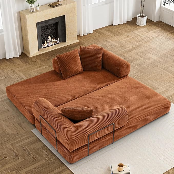 Convertible Sleeper Sofa Bed with Pillow, 4-in-1 Corduroy Folding Mattress Couch with Fixed-Shape Frame, Futon Fold Out Floor Sofa Cama Lounge Couch for Living Room Bedroom, Orange