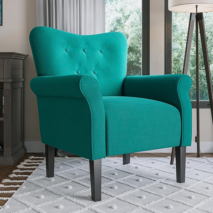 BELLEZE Modern Accent Chair for Living Room, High Back Armchair with Wooden Legs, Upholstered Wingback Chair Padded Armrest Single Sofa Club Chair for Living Room, Bedroom - Allston (Mallard Teal)