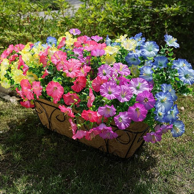 Artificial Flowers for Outdoors Fake Plants Outside Decoration, 12 Bundles Silk Colorful Morning Glory with Eucalyptus UV Resistant Realistic Faux Flowers for Planter Porch Patio Yard Indoor