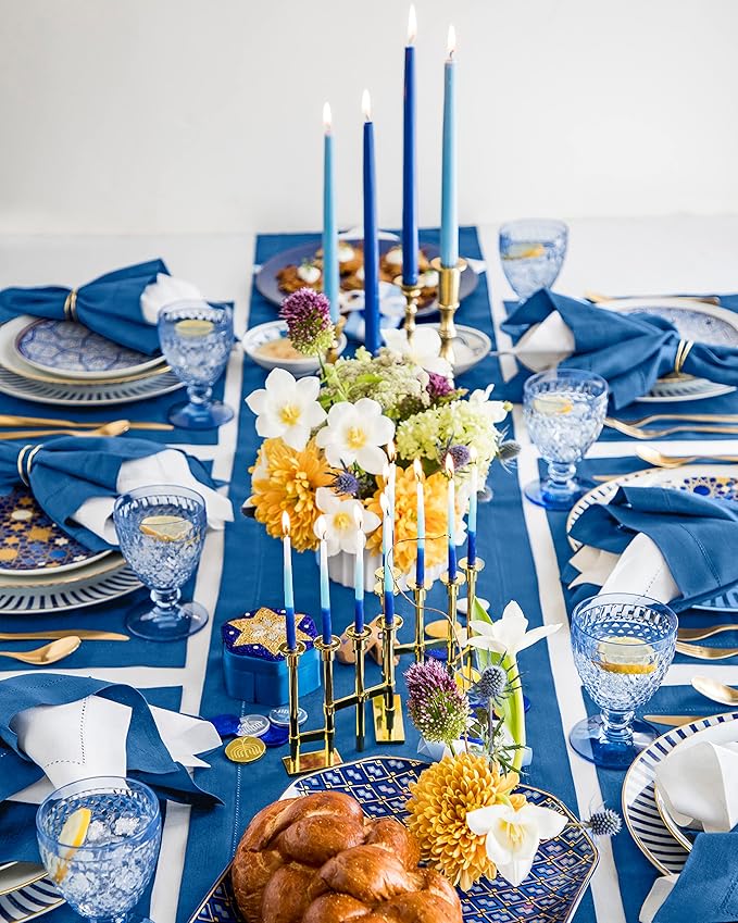 Solino Home Linen Table Runner 108 Inches Long - 100% Pure Linen Indigo Blue Table Runner 14 x 108 Inch for Fall, Autumn - Classic Hemstitch
