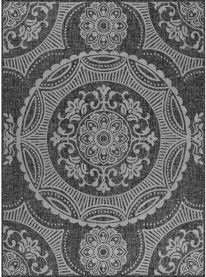 Medallion Outdoor Rug 6x9 Washable Outside Carpet for Indoor Patio Porch Waterproof Easy Cleaning Non Shedding Area Rugs Dark Gray 6 x 9